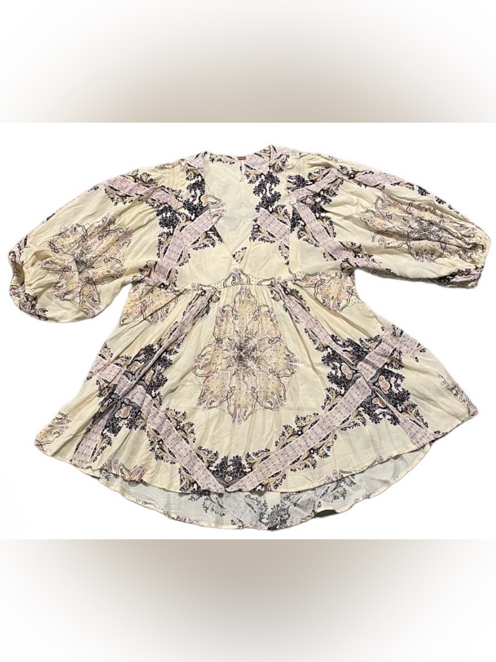 Free People Girl Talk Tunic Top in Ivory Combo, deep V neck, great pockets, EUC - Picture 9 of 12